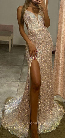 Backless V-neck Sparkly Sequins Long Evening Prom Dresses, Popular Mermaid Side Slit Prom Dress, PM0439