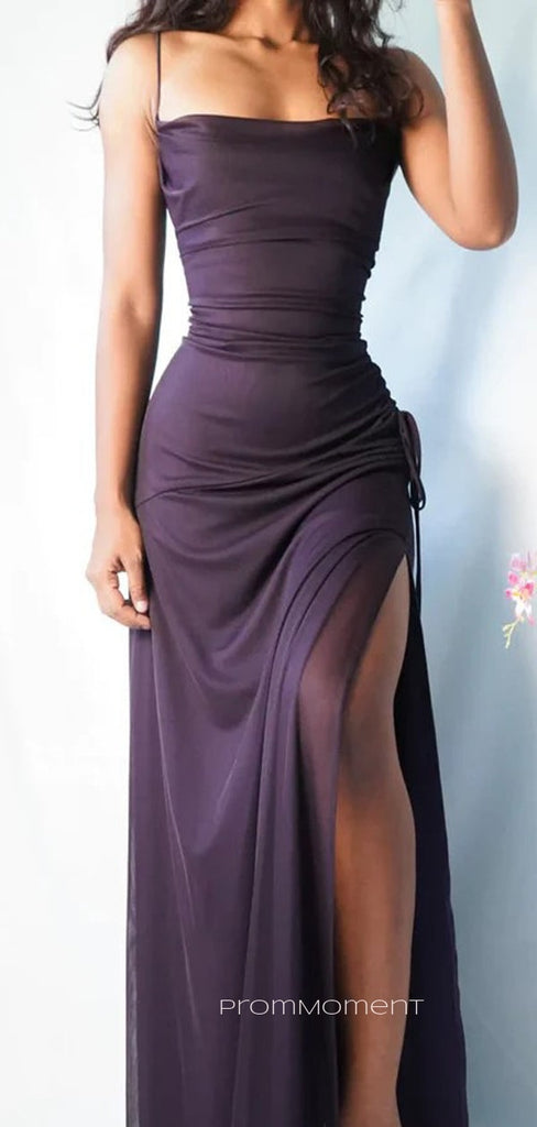 Purple Chiffon Spaghetti Straps Long Evening Prom Dresses, Side Slit Popular Prom Dress, PM0441