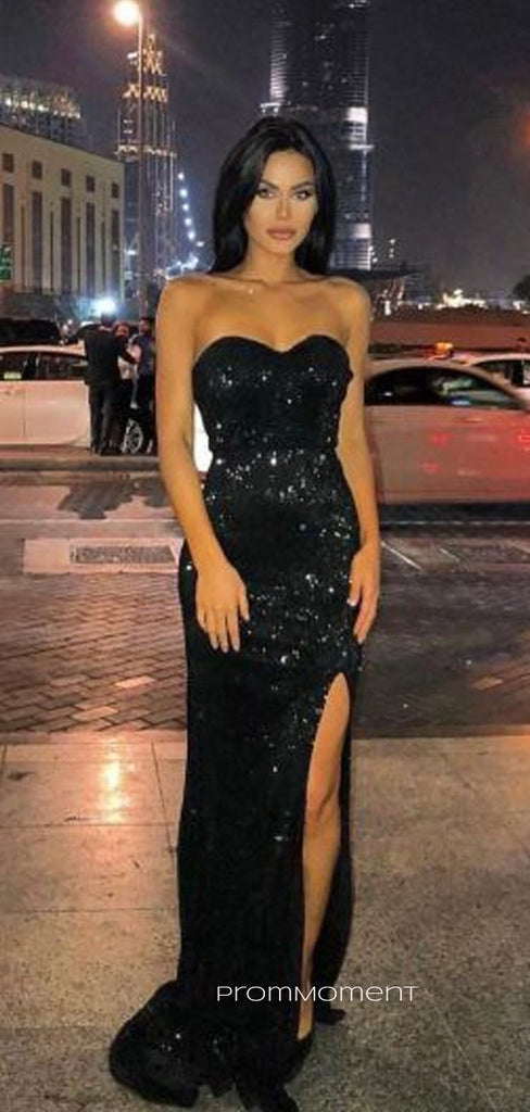 Sexy Black Sequins Mermaid Long Evening Prom Dresses, Sweetheart Strapless Side Slit Prom Dress, PM0443