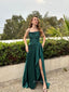 Spaghetti Straps Side Slit A-line Long Evening Prom Dresses, Satin Sleeveless Prom Dress, PM0444
