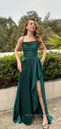 Spaghetti Straps Side Slit A-line Long Evening Prom Dresses, Satin Sleeveless Prom Dress, PM0444
