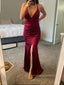 Deep V-neck Side Slit Mermaid Long Evening Prom Dresses, Spaghetti Straps Satin Prom Dress, PM0445
