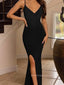 Simple Spaghetti Straps Mermaid Long Evening Prom Dresses, Side Slit Black V-neck Prom Dress, PM0447