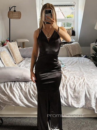 Backless Spaghetti Straps Mermaid Long Evening Prom Dresses, Satin Black V-neck Prom Dress, PM0449