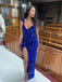 Royal Blue Sequins Meimaid Long Evening Prom Dresses, V-neck Side Slit Straps Prom Dress, PM0451