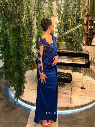Royal Blue Long Sleeves Mermaid Long Evening Prom Dresses, Elegant Appliques Satin Prom Dress, PM0452