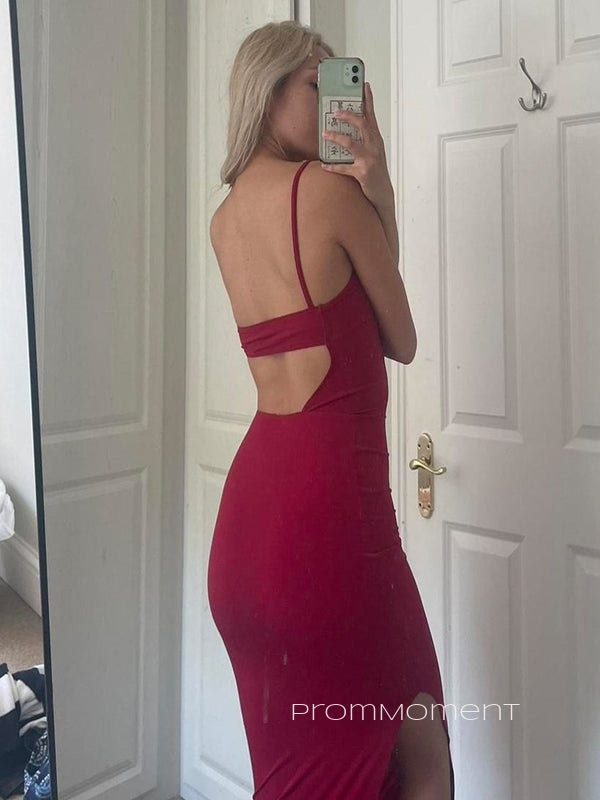 Simple Spaghetti Straps V-neck Mermaid Long Evening Prom Dresses, Sexy Backless Prom Dress, PM0454