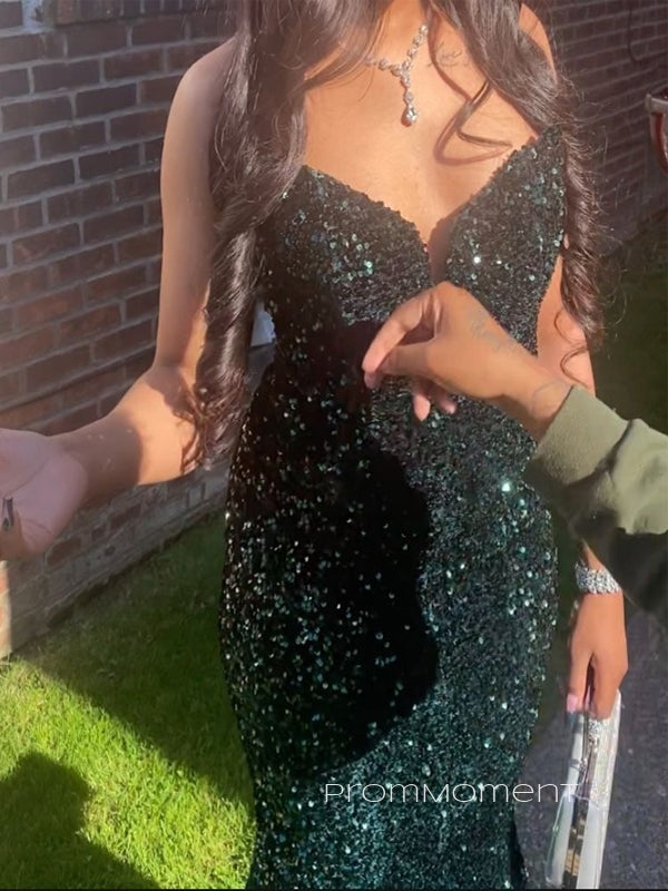 Strapless Sleeveless Mermaid Long Evening Prom Dresses, Sequins V-neck Sexy Prom Dress, PM0456