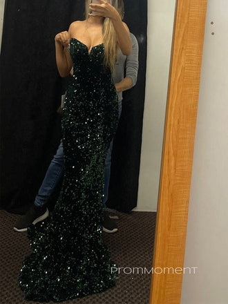 Strapless Sleeveless Mermaid Long Evening Prom Dresses, Sequins V-neck Sexy Prom Dress, PM0456