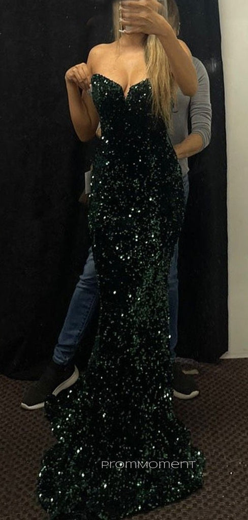 Strapless Sleeveless Mermaid Long Evening Prom Dresses, Sequins V-neck Sexy Prom Dress, PM0456
