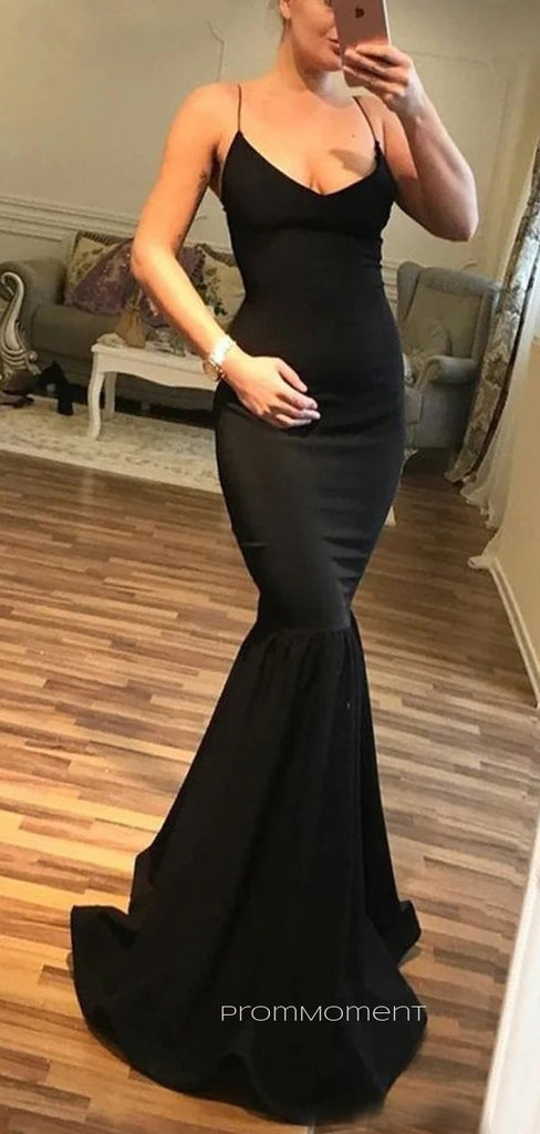 Popular Simple Spaghetti Straps Black V-neck Mermaid Long Evening Prom Dresses, PM0458