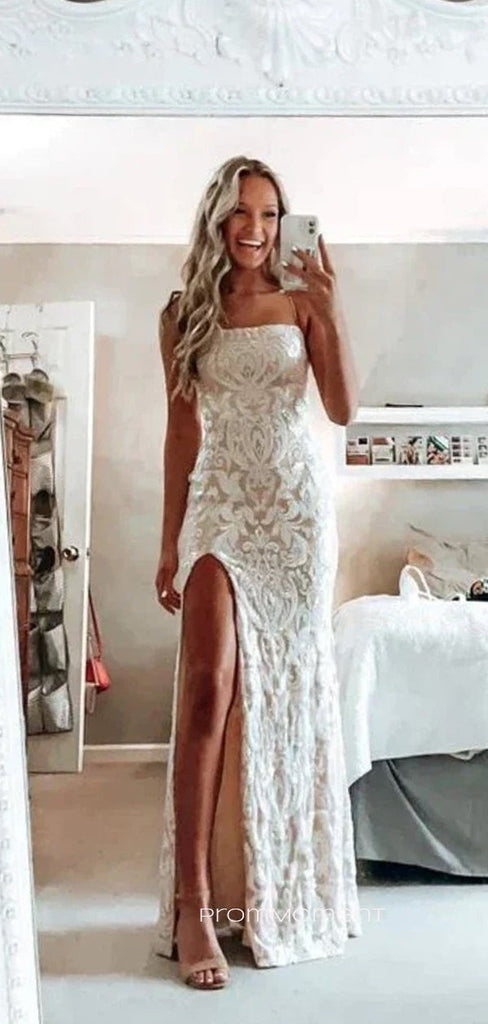 Beautiful Lace Mermaid Long Evening Prom Dresses, Side Slit Ivory Sleeveless Wedding Dress, PM0459