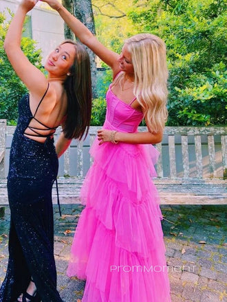 Beautiful A-line Hot Pink Tulle Long Evening Prom Dresses, Spaghetti Straps Prom Dress, PM0460