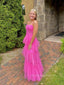 Beautiful A-line Hot Pink Tulle Long Evening Prom Dresses, Spaghetti Straps Prom Dress, PM0460