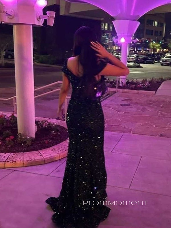 Off Shoulder V-neck Backless Long Evening Prom Dresses, Sequins Floor-length Mermaid Prom Dress, PM0463