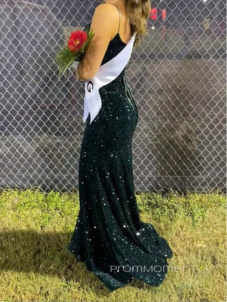 Sparkly Sequins Mermaid Long Evening Prom Dresses, Spaghetti Straps Deep V-neck Prom Dress, PM0464