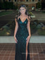 Sexy Backless High Slit Mermaid Long Evening Prom Dresses, Deep V-neck Sequins Spaghetti Straps Prom Dress, PM0465