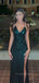 Sexy Backless High Slit Mermaid Long Evening Prom Dresses, Deep V-neck Sequins Spaghetti Straps Prom Dress, PM0465