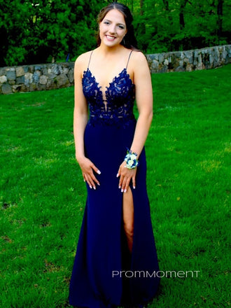 Spaghetti Straps Deep V-veck Long Evening Prom Dresses, Side Slit Royal Blue Prom Dress, PM0467