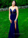 Spaghetti Straps Deep V-veck Long Evening Prom Dresses, Side Slit Royal Blue Prom Dress, PM0467