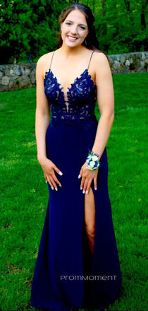 Spaghetti Straps Deep V-veck Long Evening Prom Dresses, Side Slit Royal Blue Prom Dress, PM0467
