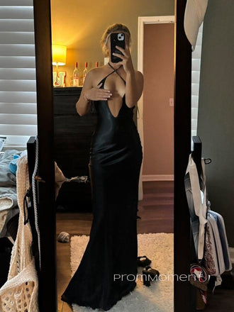 Sexy Black Mermaid Long Evening Prom Dresses, Backless Satin Prom Dress, PM0470
