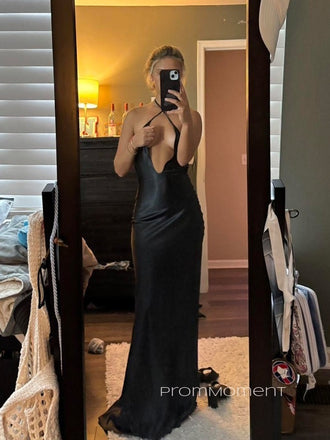 Sexy Black Mermaid Long Evening Prom Dresses, Backless Satin Prom Dress, PM0470