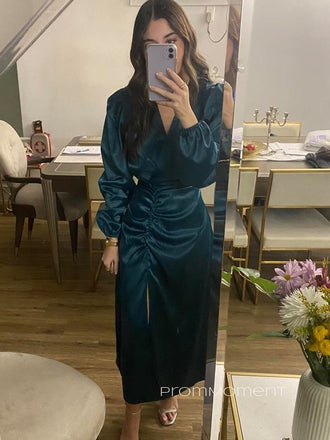 Elegant Long Sleeves Side Slit Long Evening Prom Dresses, V-neck Satin Prom Dress, PM0471