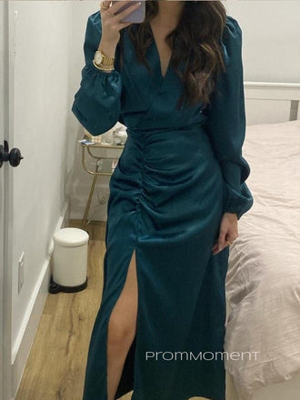 Elegant Long Sleeves Side Slit Long Evening Prom Dresses, V-neck Satin Prom Dress, PM0471