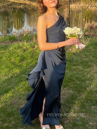 One Shoulder Side Slit Long Evening Prom Dresses, Navy Blue Satin Prom Dress, PM0474