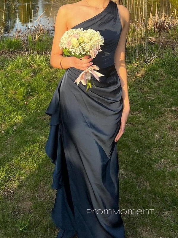 One Shoulder Side Slit Long Evening Prom Dresses, Navy Blue Satin Prom Dress, PM0474