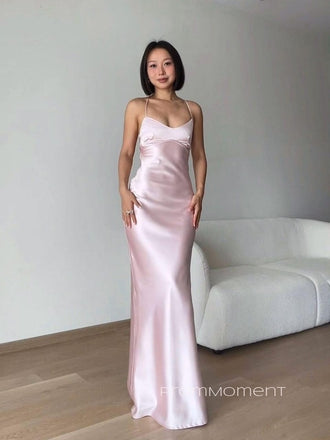 Beautiful Pink Satin Spaghetti Straps Long Evening Prom Dresses, V-neck Backless Mermaid Prom Dress, PM0475