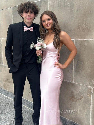 Beautiful Pink Satin Spaghetti Straps Long Evening Prom Dresses, V-neck Backless Mermaid Prom Dress, PM0475