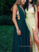 Deep V-neck Unique A-line Long Evening Prom Dresses, Side Slit Prom Dress, PM0476