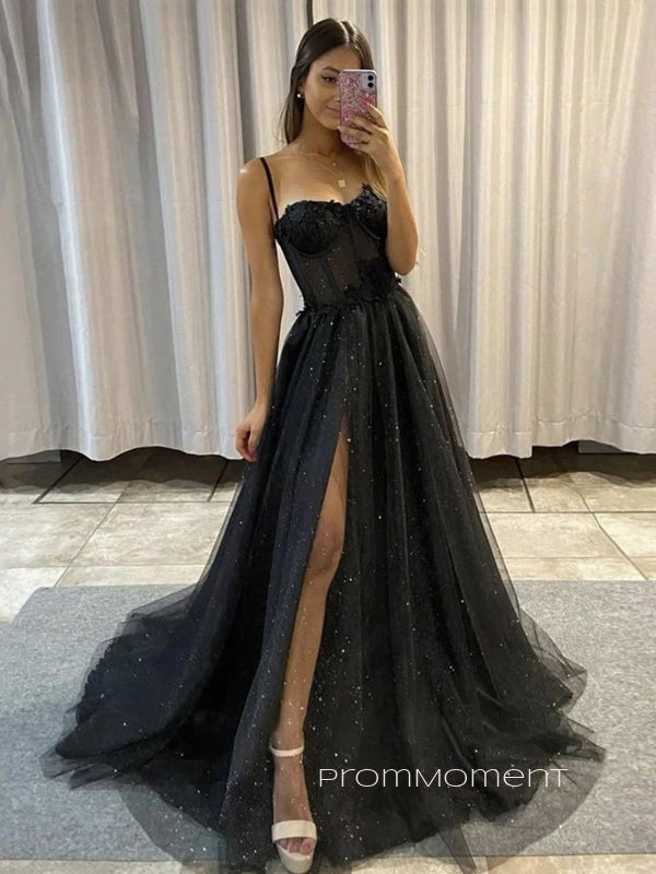 High Slit Spaghetti Straps A-line Long Evening Prom Dresses, Sparkly Black Prom Dress, PM0478