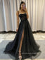 High Slit Spaghetti Straps A-line Long Evening Prom Dresses, Sparkly Black Prom Dress, PM0478