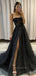 High Slit Spaghetti Straps A-line Long Evening Prom Dresses, Sparkly Black Prom Dress, PM0478