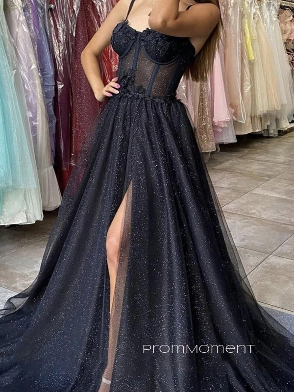 High Slit Spaghetti Straps A-line Long Evening Prom Dresses, Sparkly Black Prom Dress, PM0478