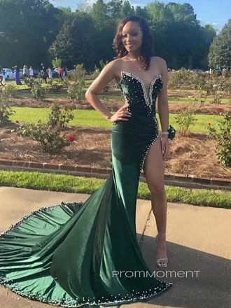 Formal Strapless High Slit Mermaid Long Evening Prom Dresses, Floor-length Velvet Prom Dress, PM0479