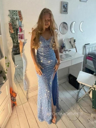 Blue Sequins Side Slit Mermaid Long Evening Prom Dresses, V-neck Sparkly Prom Dress, PM0480