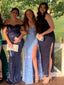 Blue Sequins Side Slit Mermaid Long Evening Prom Dresses, V-neck Sparkly Prom Dress, PM0480