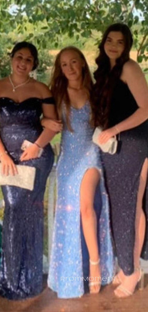 Blue Sequins Side Slit Mermaid Long Evening Prom Dresses, V-neck Sparkly Prom Dress, PM0480