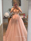 Lovely Pink A-line Deep V-neck Long Evening Prom Dresses, Sleeveless Spaghetti Straps Prom Dress, PM0481