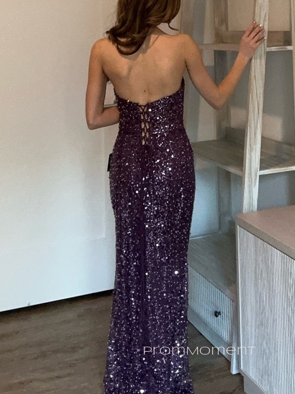 Sequins Mermaid Strapless Long Evening Prom Dresses, Side Slit Purple Backless Prom Dress, PM0482