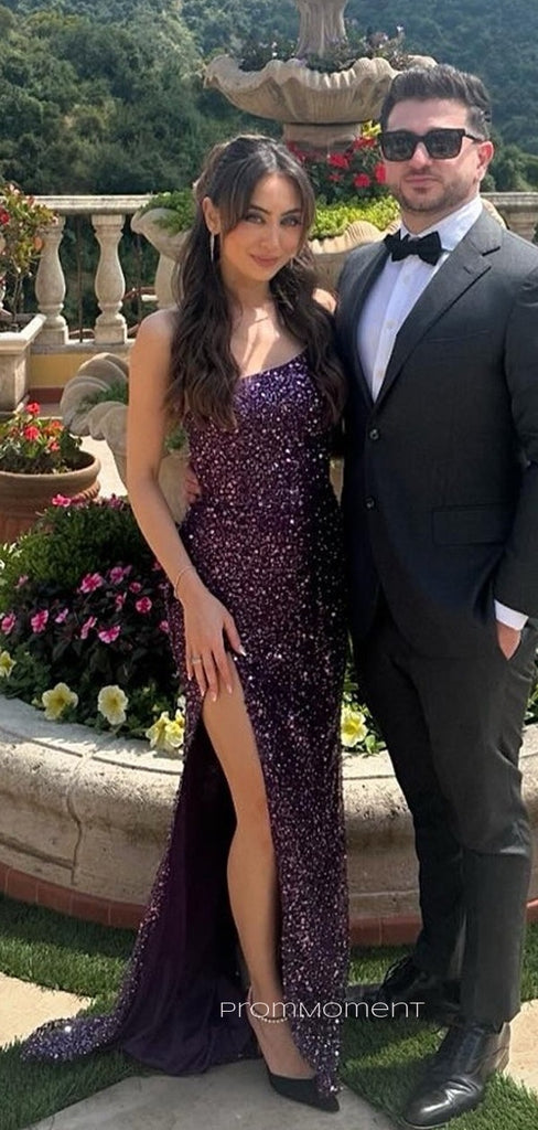 Sequins Mermaid Strapless Long Evening Prom Dresses, Side Slit Purple Backless Prom Dress, PM0482