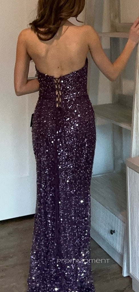 Sequins Mermaid Strapless Long Evening Prom Dresses, Side Slit Purple Backless Prom Dress, PM0482