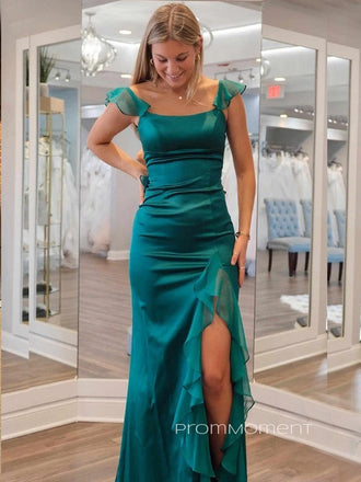 Straps Mermaid Side Slit Long Evening Prom Dresses, Backless Prom Dress, PM0484