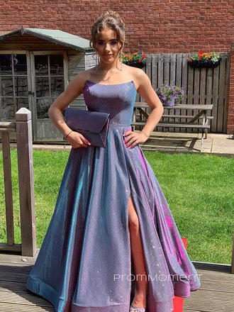 Formal A-line Side Slit Long Evening Prom Dresses, Strapless Sleeveless Sparkly Prom Dress, PM0488