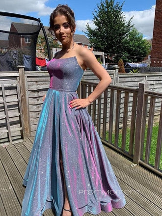 Formal A-line Side Slit Long Evening Prom Dresses, Strapless Sleeveless Sparkly Prom Dress, PM0488
