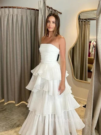Beautiful A-line Strapless Long Evening Prom Dresses, White Chiffon Sleeveless Wedding Dress, PM0489
